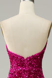 Abito da ballo senza spalline fucsia con spacco