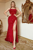 Frange di paillettes rosse Plus Size Prom Dress con spacco