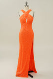 Orange Halter paillettes senza schienale Mermaid Prom Dress