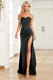 Fucsia Sirena Spalline sottili Satin Abito da ballo con Fessura Frontale