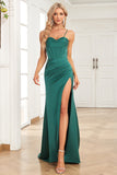 Verde scuro Sirena Spalline sottili Satin Abito da ballo con Split Front
