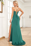 Verde scuro Sirena Spalline sottili Satin Abito da ballo con Split Front