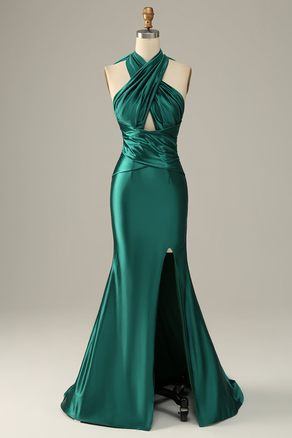 Abito da ballo a sirena con spacchi verde scuro Halter Lace Up con spacco