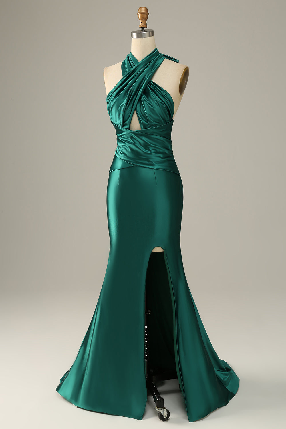 Abito da ballo a sirena con spacchi verde scuro Halter Lace Up con spacco