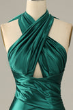 Abito da ballo a sirena con spacchi verde scuro Halter Lace Up con spacco
