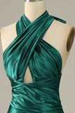 Abito da ballo a sirena con spacchi verde scuro Halter Lace Up con spacco