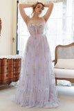 Tulle lavanda A Line Corsetto Plus Size Prom Dress con ricamato