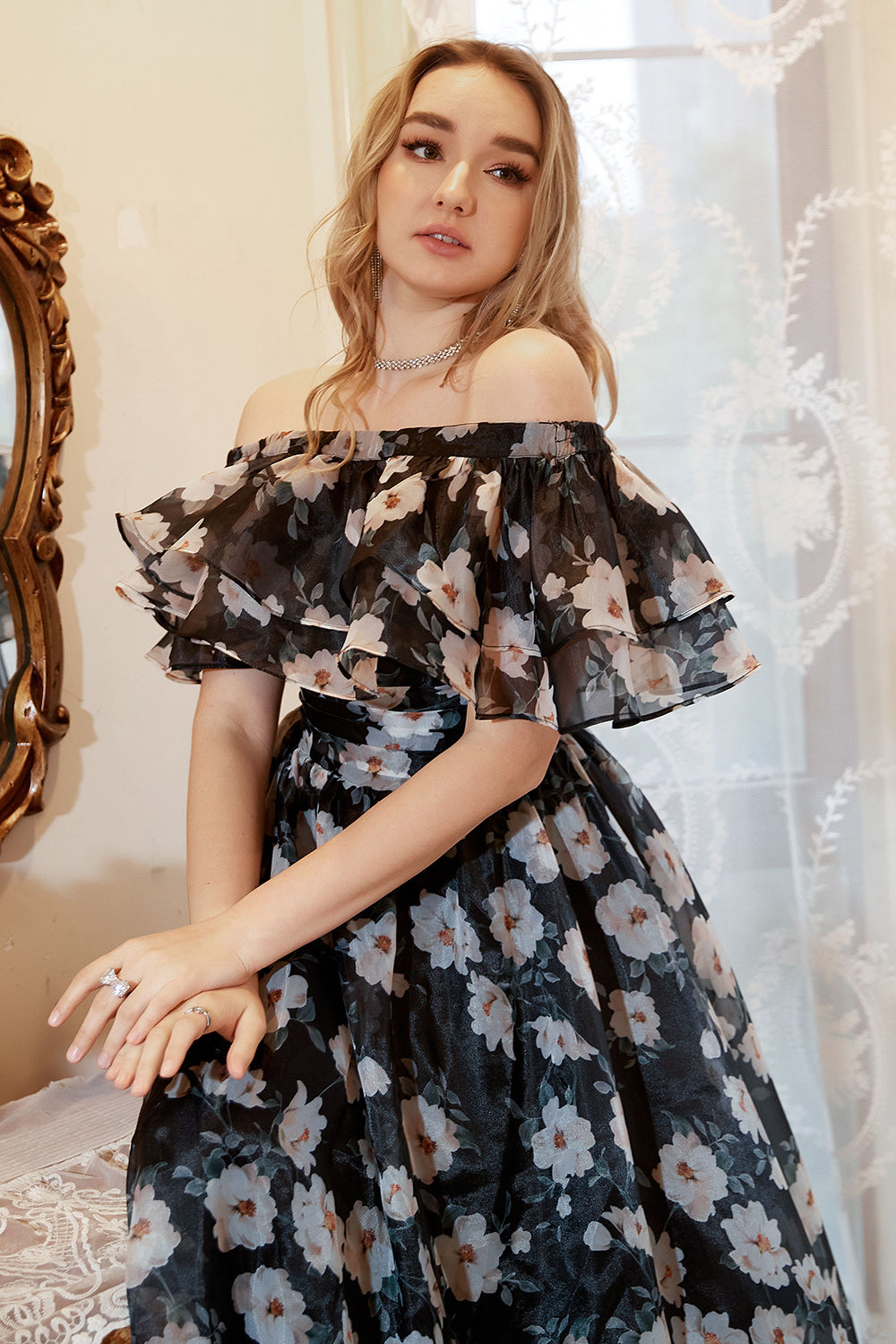 Black Print Off Shoulder Plus Size Prom Dress