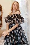 Black Print Off Shoulder Plus Size Prom Dress
