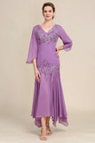Chiffon sirena viola grigio Madre della sposa Abito con pizzo