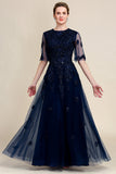 Scintillante Navy Perline Madre della sposa Abito con pizzo