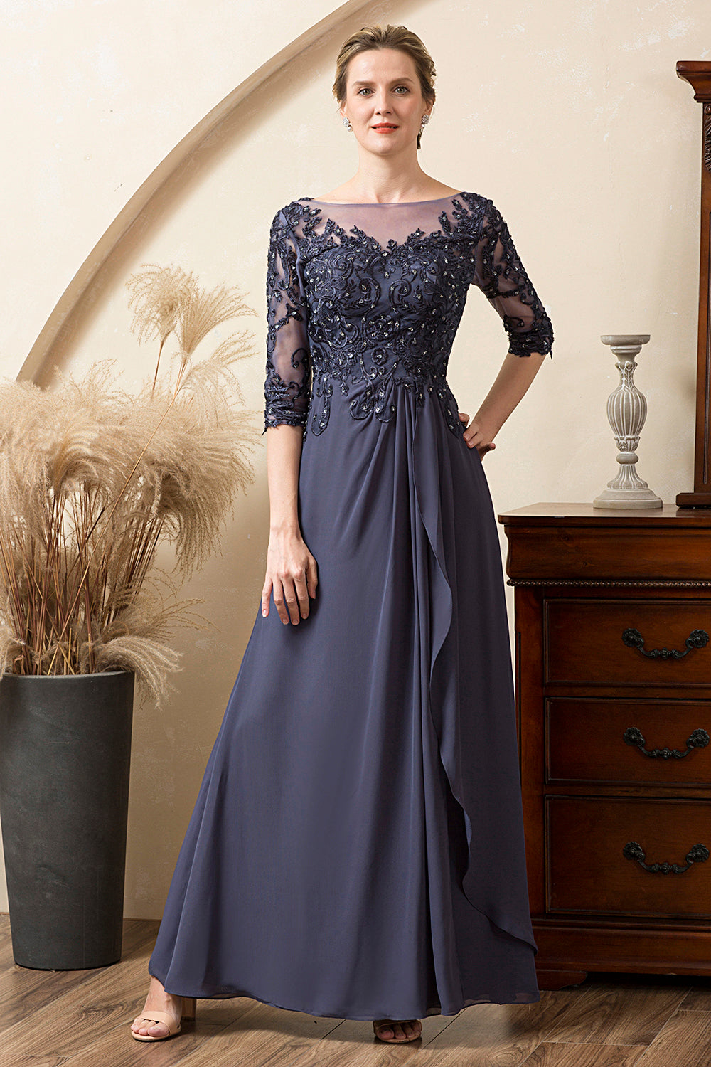 Abito per la madre della sposa in chiffon grigio blu con perline scintillanti