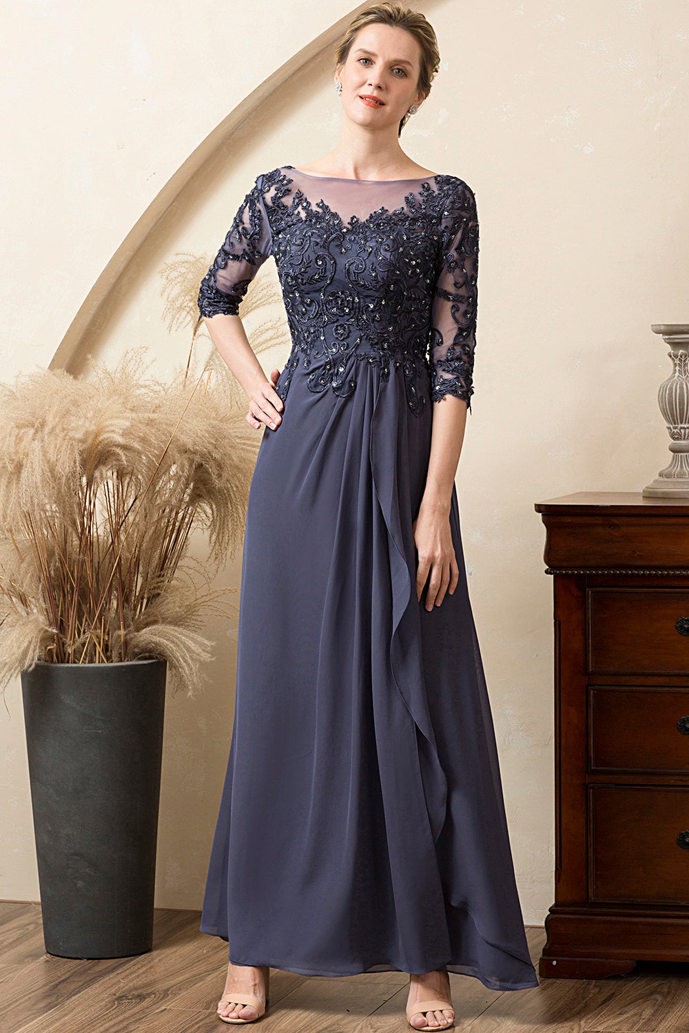 Abito per la madre della sposa in chiffon grigio blu con perline scintillanti
