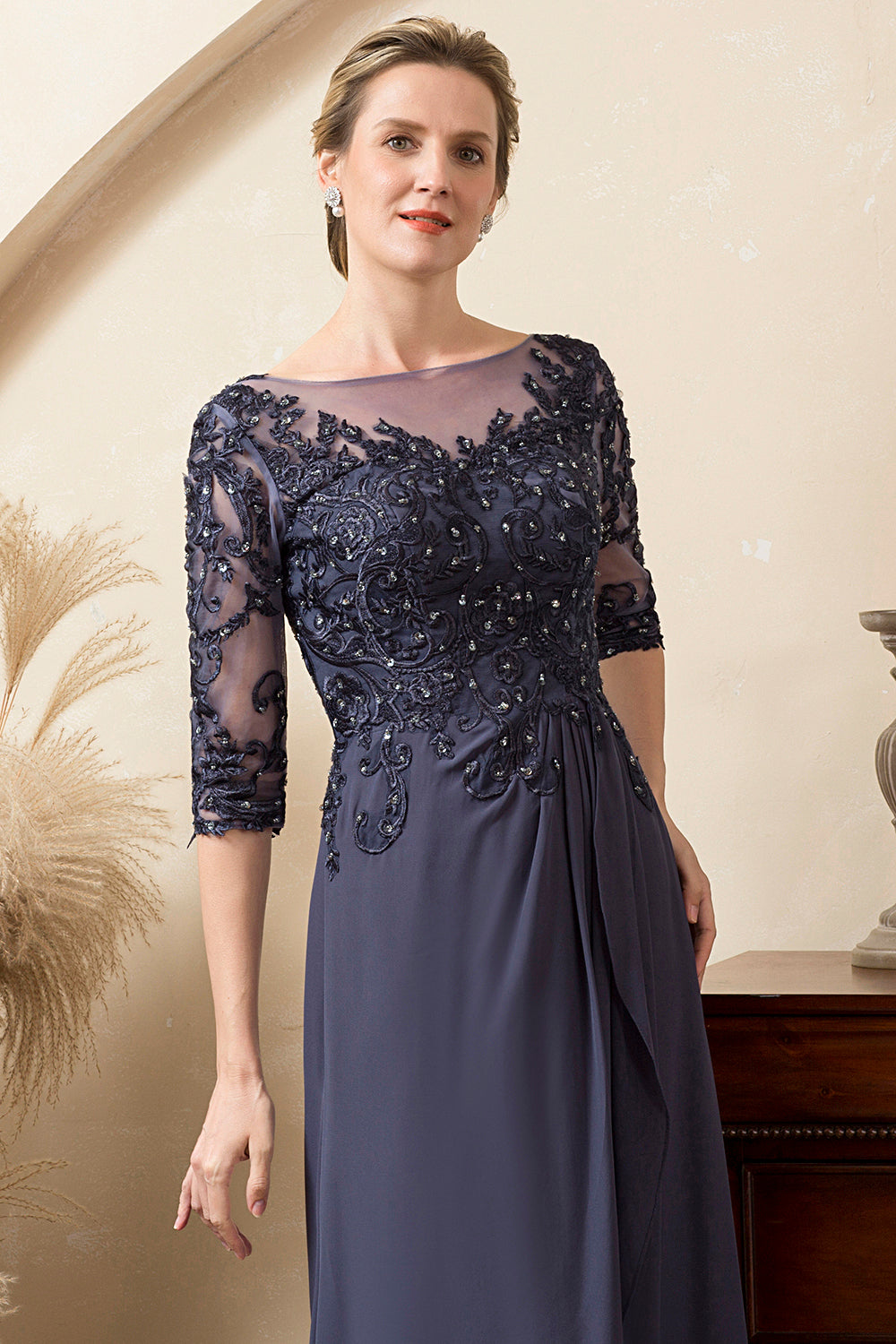 Abito per la madre della sposa in chiffon grigio blu con perline scintillanti
