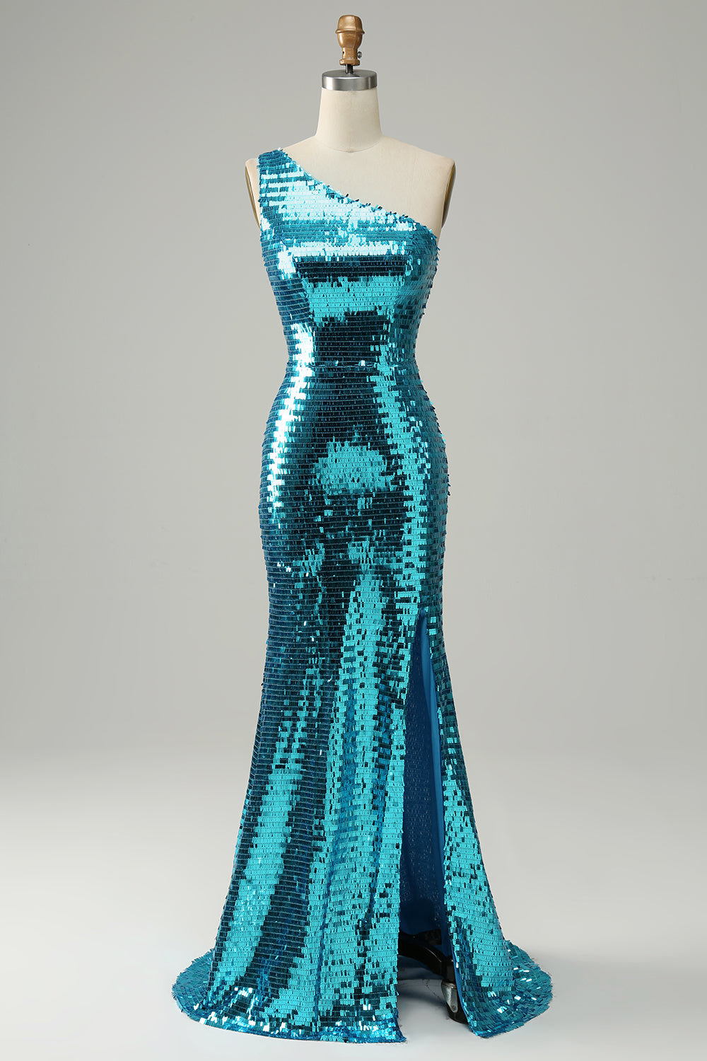 Sparkly Blue Sequins One Shoulder Long Prom Dress con spacco