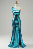 Sparkly Blue Sequins One Shoulder Long Prom Dress con spacco