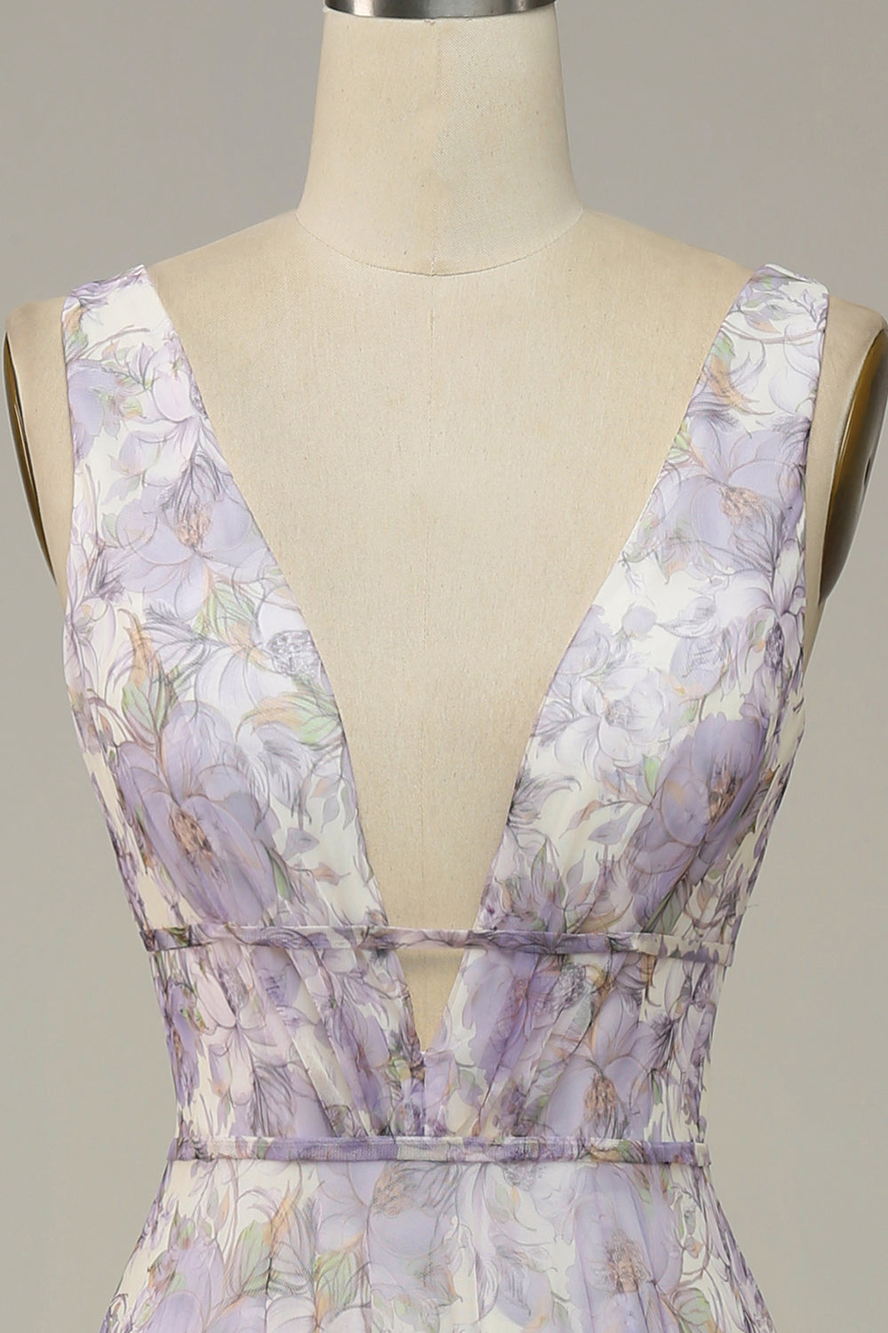 Iovry viola stampato V-scollo Prom abito con spacco