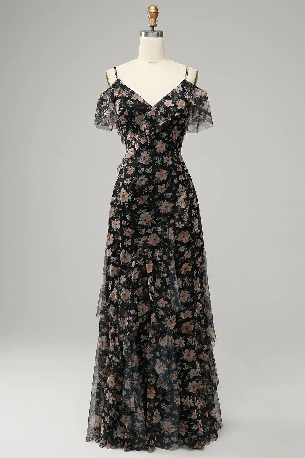 Abito da ballo in chiffon nero con floreale