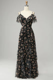 Abito da ballo in chiffon nero con floreale