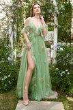 Spalline sottili con scollo a V Ricamo Abito da Cerimonia lungo verde con spacco