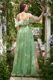 Spalline sottili con scollo a V Ricamo Abito da Cerimonia lungo verde con spacco