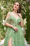 Spalline sottili con scollo a V Ricamo Abito da Cerimonia lungo verde con spacco
