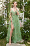 Spalline sottili con scollo a V Ricamo Abito da Cerimonia lungo verde con spacco