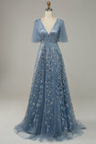Abito da ballo con foglie ricamate in tulle blu grigio