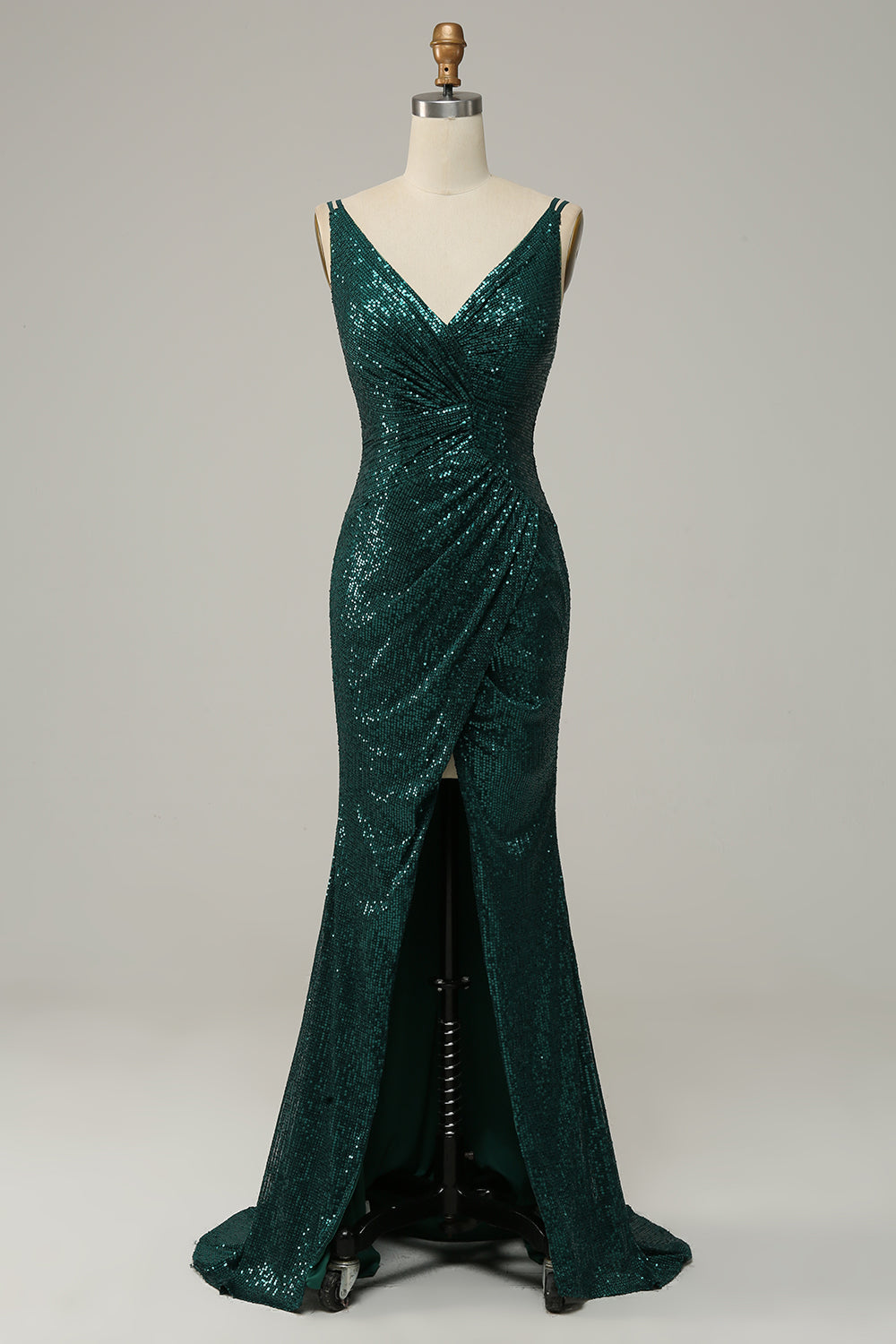 Spaghetti di paillettes verde scuro Abito Prom con spacco