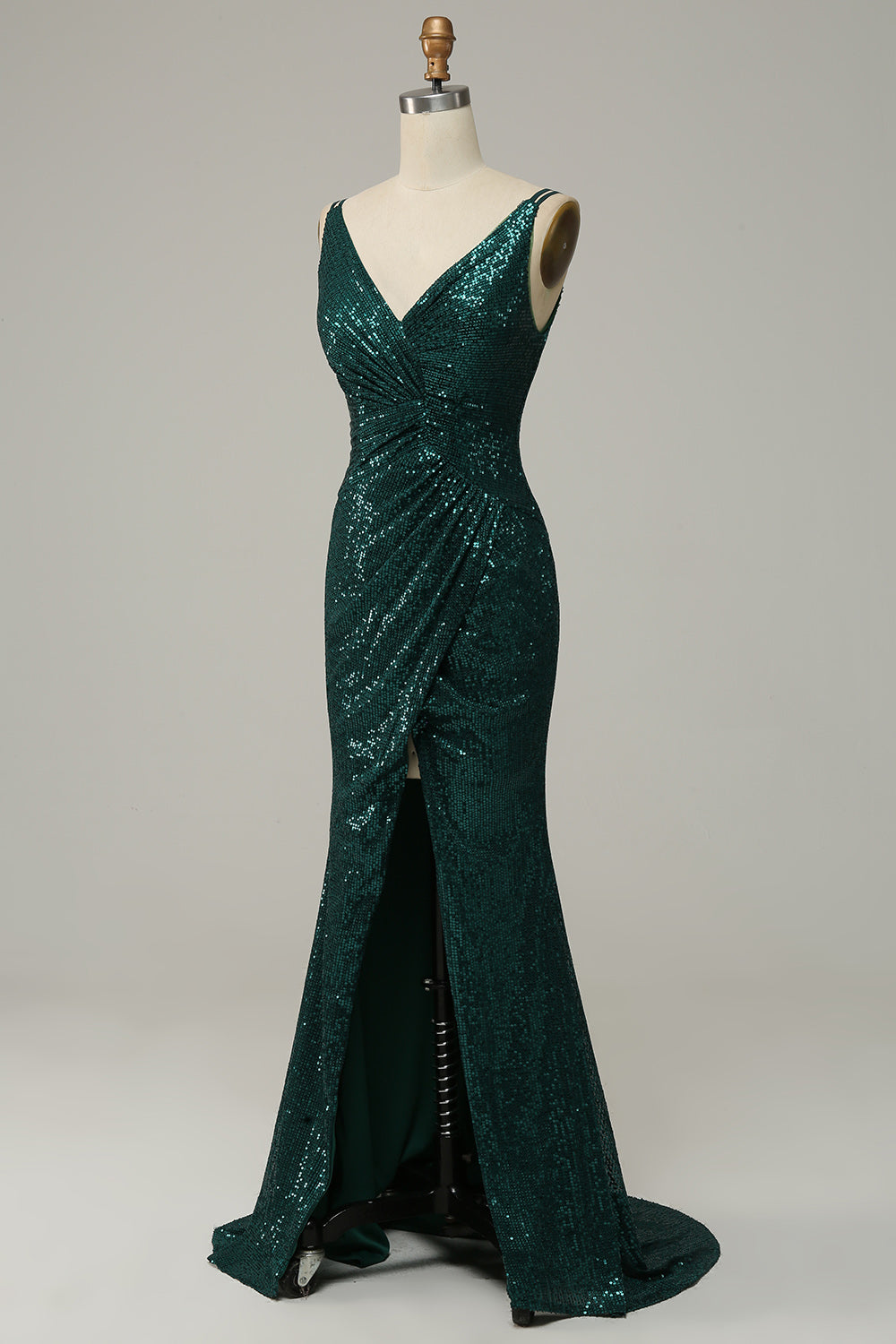 Spaghetti di paillettes verde scuro Abito Prom con spacco