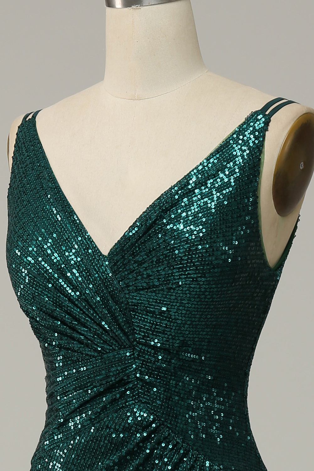 Spaghetti di paillettes verde scuro Abito Prom con spacco