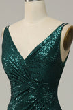 Spaghetti di paillettes verde scuro Abito Prom con spacco
