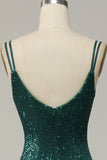 Spaghetti di paillettes verde scuro Abito Prom con spacco