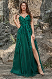 Abito da ballo in tulle verde scuro A Line con spacco