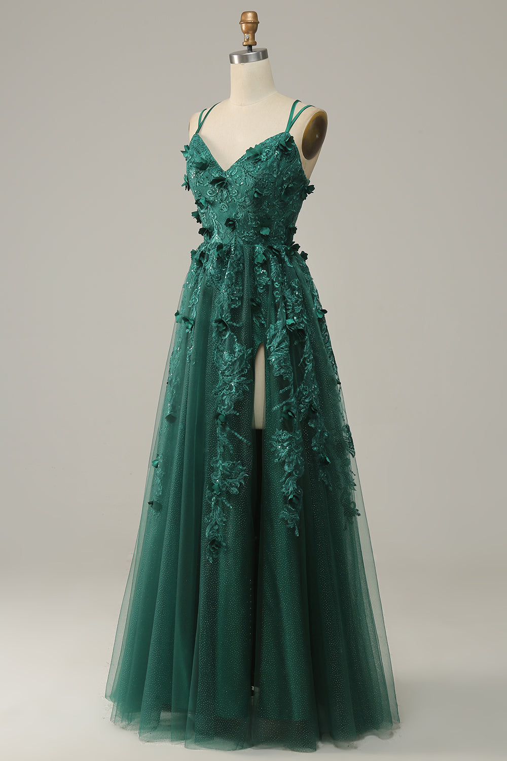 Abito da ballo in tulle verde scuro A Line con spacco