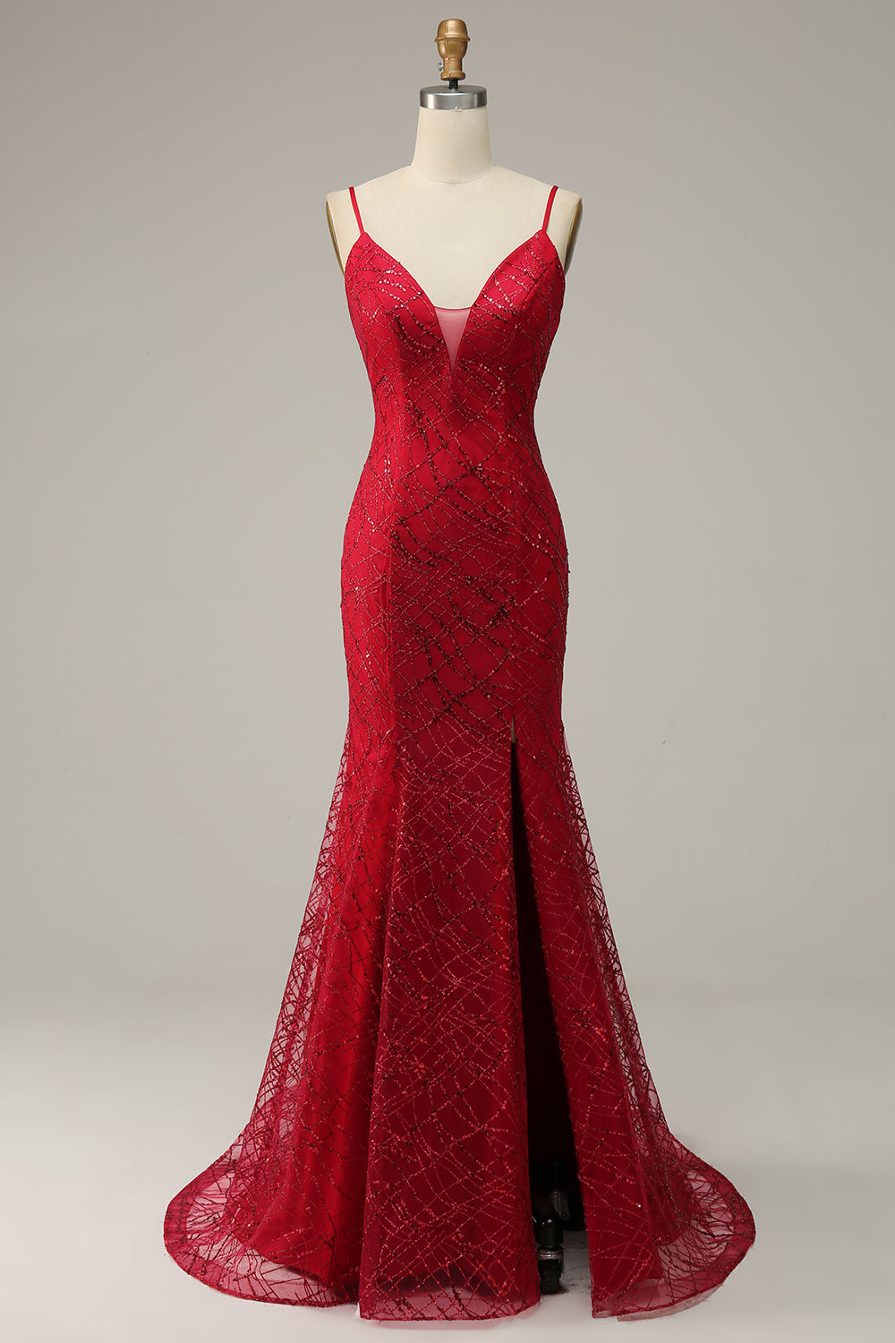 Spaghetti rosso scuro Mermaid Prom Dress con spacco