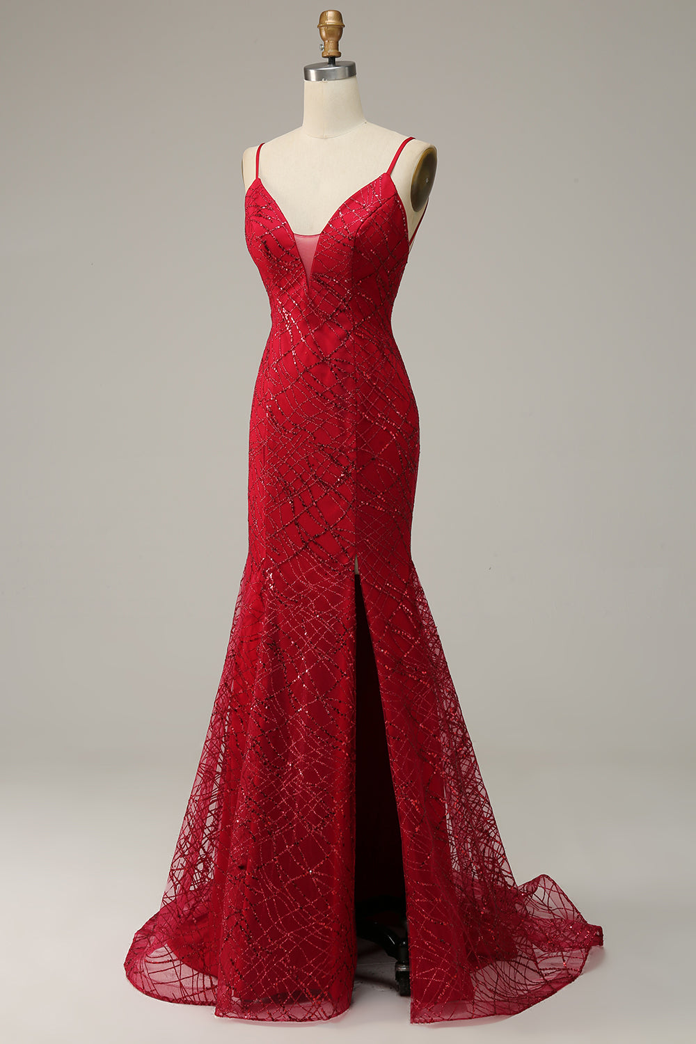 Spaghetti rosso scuro Mermaid Prom Dress con spacco