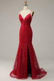 Spaghetti rosso scuro Mermaid Prom Dress con spacco