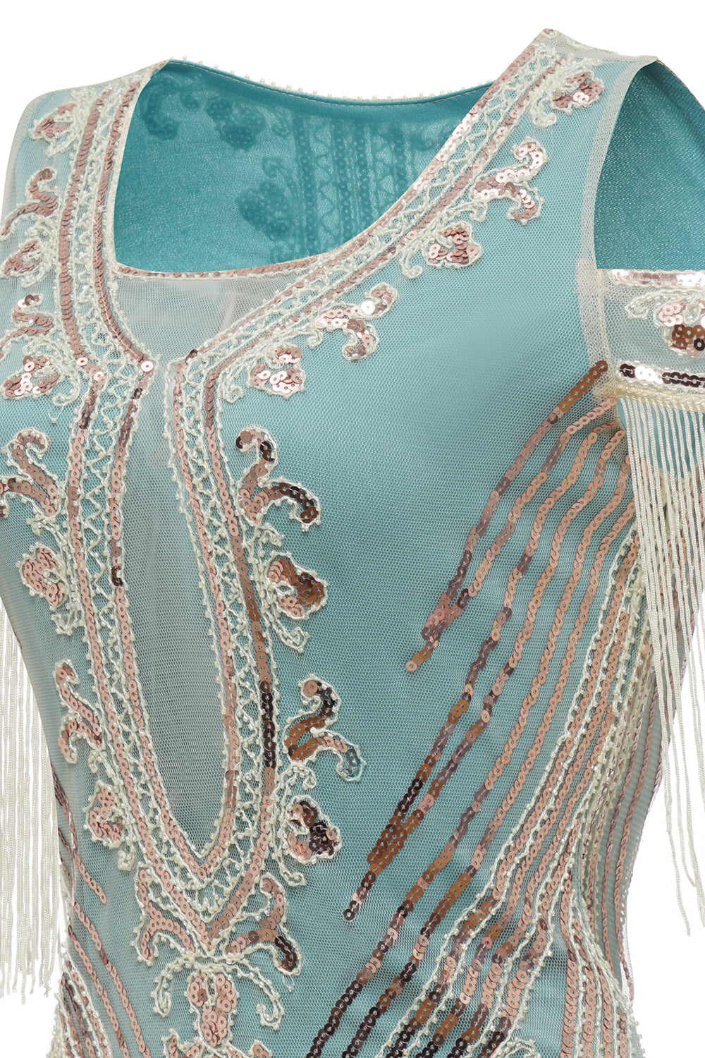 Guaina verde fuori dalla spalla paillettes 1920s vestito con nappe