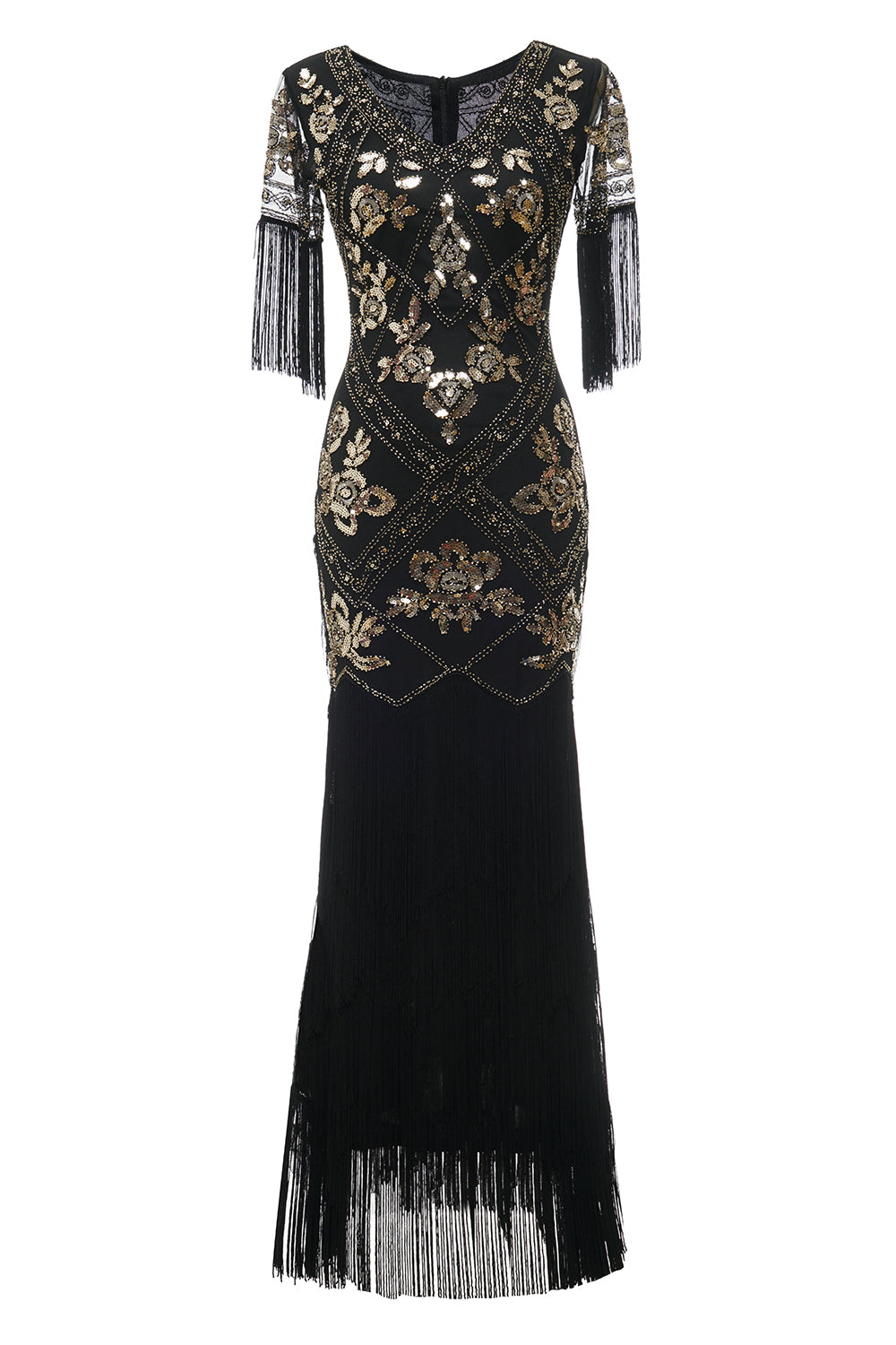 Abito a Flapper lungo nero del 1920 con paillettes e frange
