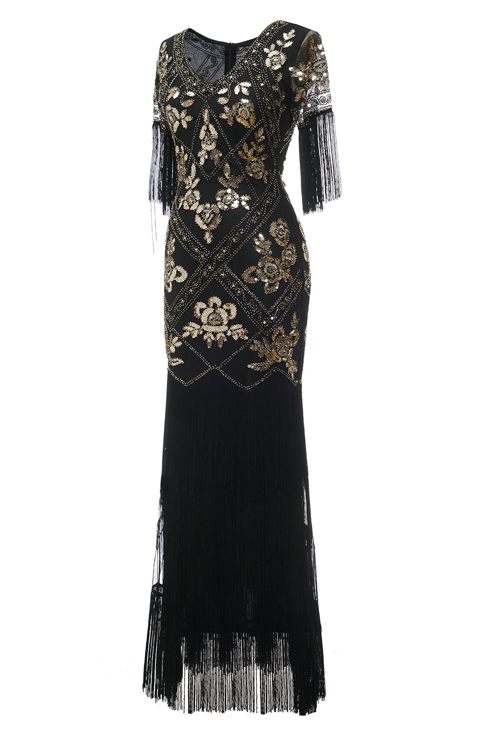 Abito a Flapper lungo nero del 1920 con paillettes e frange