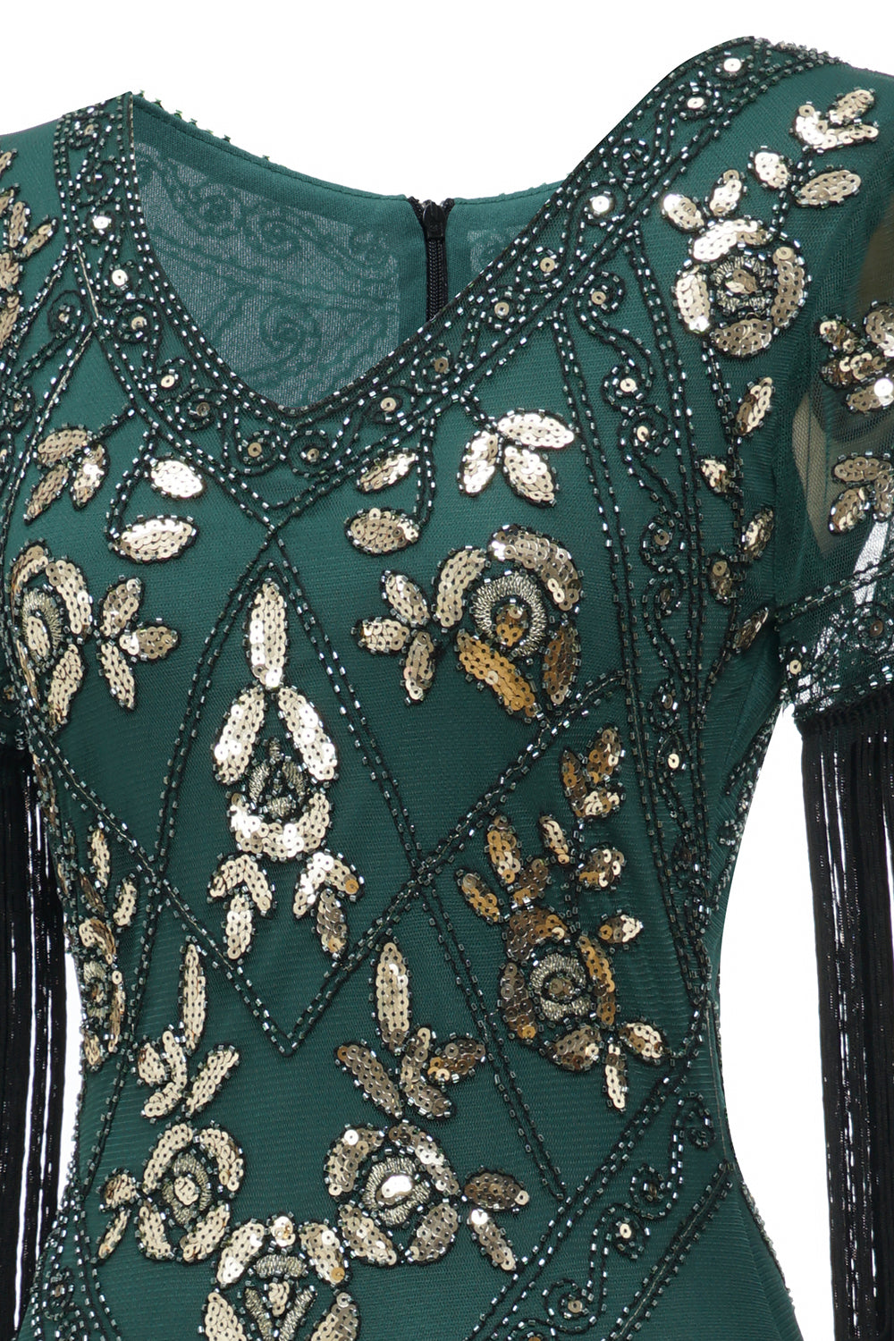 Abito a Flapper lungo nero del 1920 con paillettes e frange