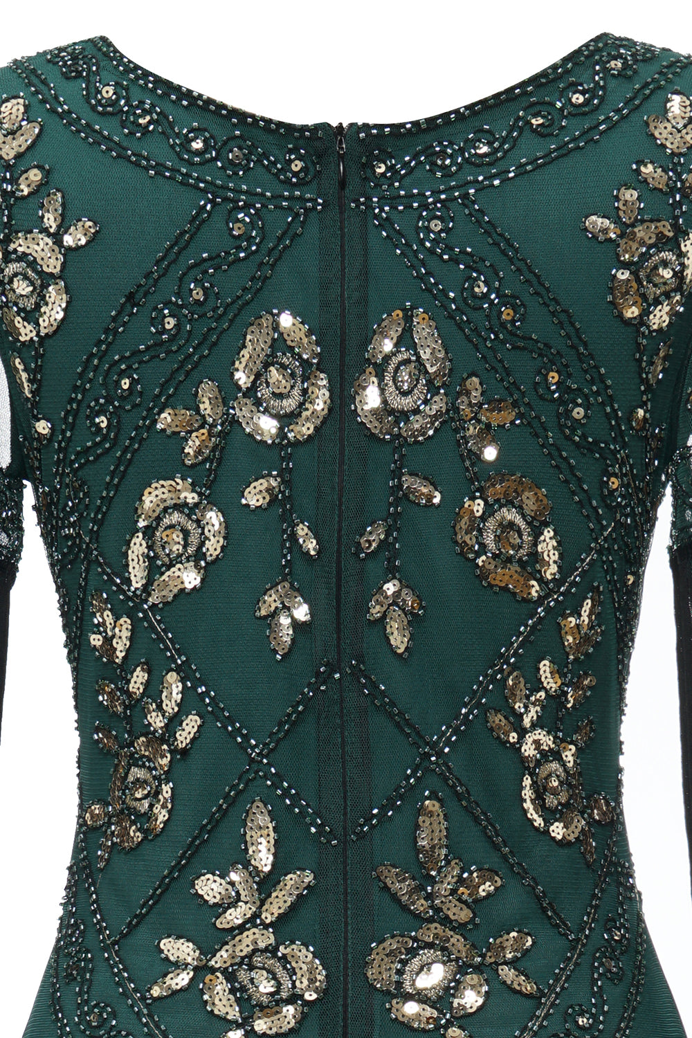 Abito a Flapper lungo nero del 1920 con paillettes e frange