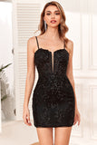 Abito da cocktail corto con paillettes nere con spalline aderenti