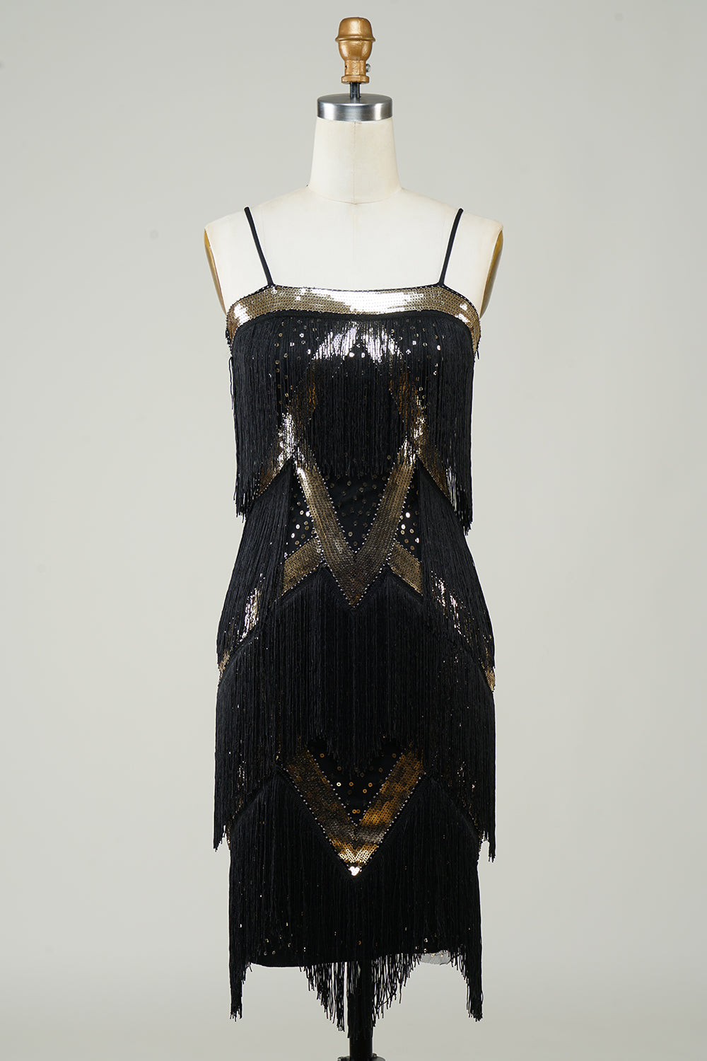 Spaghetti neri paillettes 1920s vestito con frange