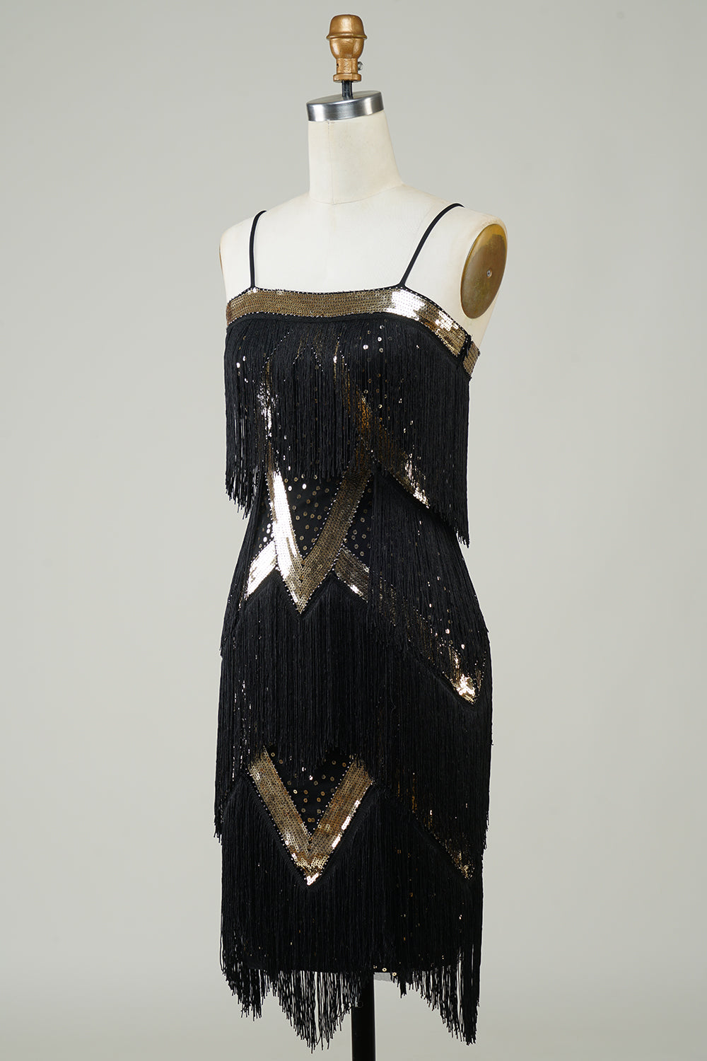Spaghetti neri paillettes 1920s vestito con frange