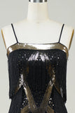Spaghetti neri paillettes 1920s vestito con frange