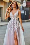 Grigio Rosa A Line Profondo Scollo a V Abito Lungo Prom con Appliques
