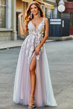Grigio Rosa A Line Profondo Scollo a V Abito Lungo Prom con Appliques