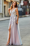 Grigio Rosa A Line Profondo Scollo a V Abito Lungo Prom con Appliques